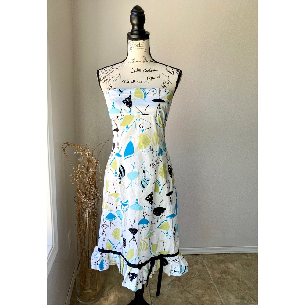 Anthropologie Strapless Summer Dress 8 White Green Blue